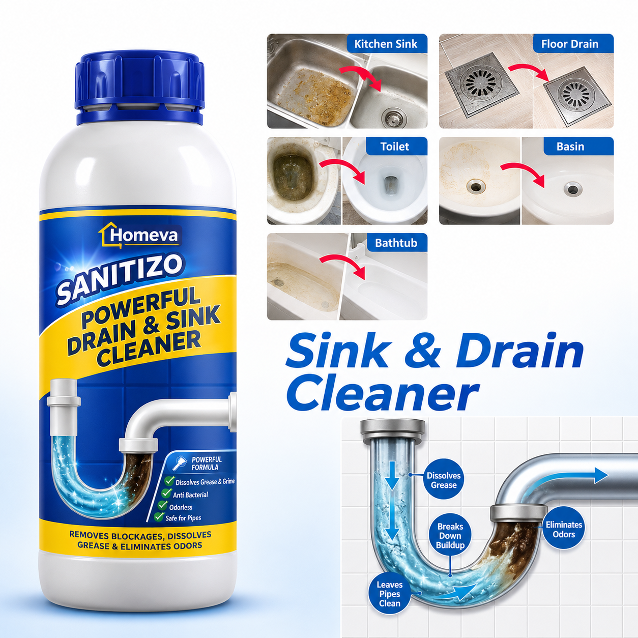 SANITIZO POWERFUL DRAIN & SINK CLEANER POWDER (PACK OF 4)